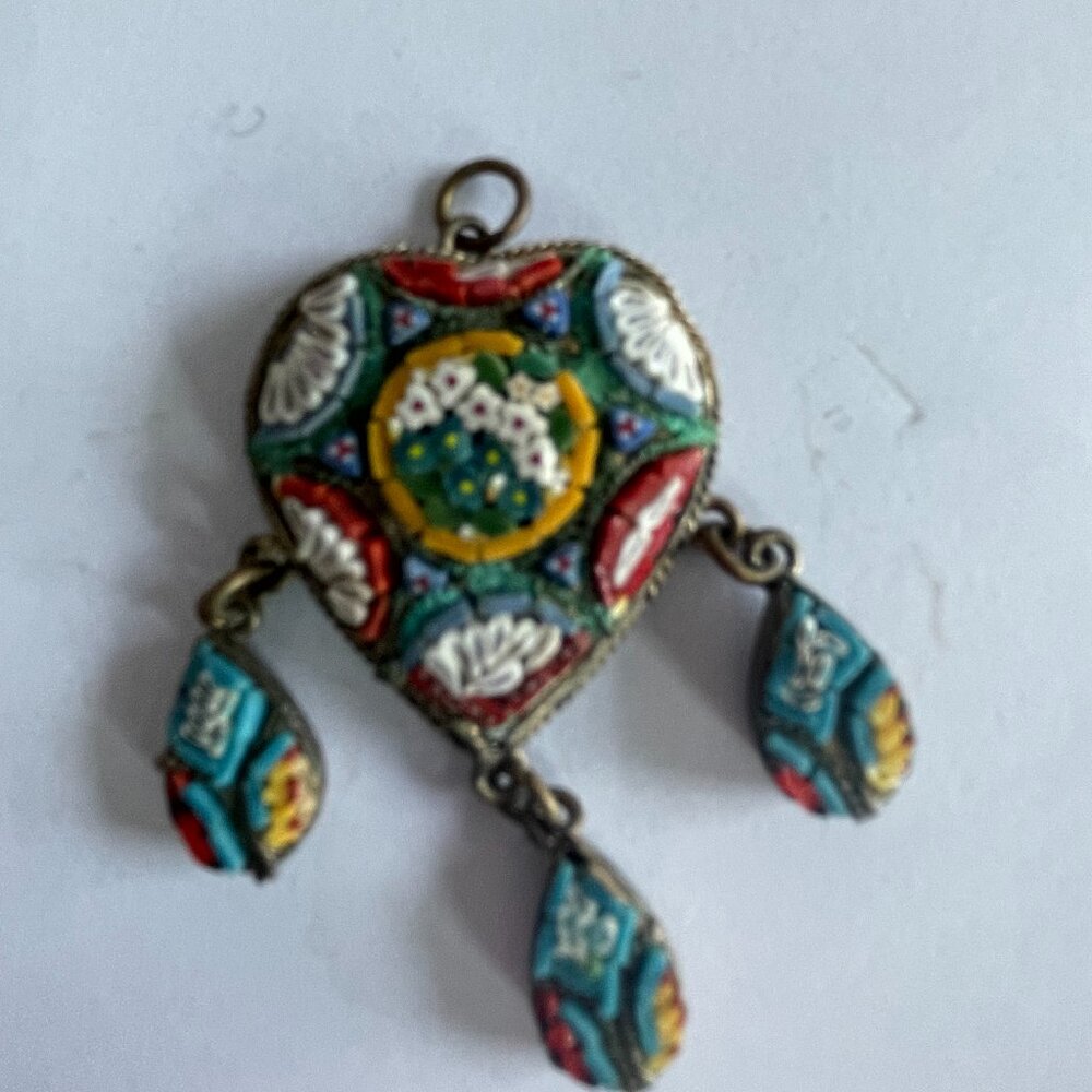 Italian Micro Mosaic Heart Pendant, 3 Teardrop Shaped Drops